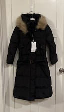 Women's Long Quilted Puffer Coat, Tan Faux Fur Hood Detach, NWT, Black, Medium