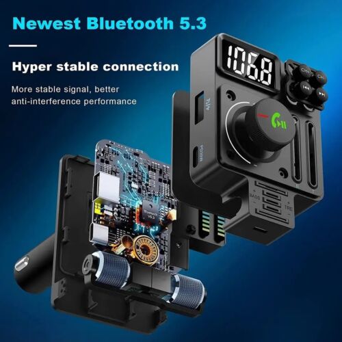 Wireless Bluetooth-5.3 FM Transmitter Radio Adapter USB Ports Car Fast Charger - Picture 10 of 12