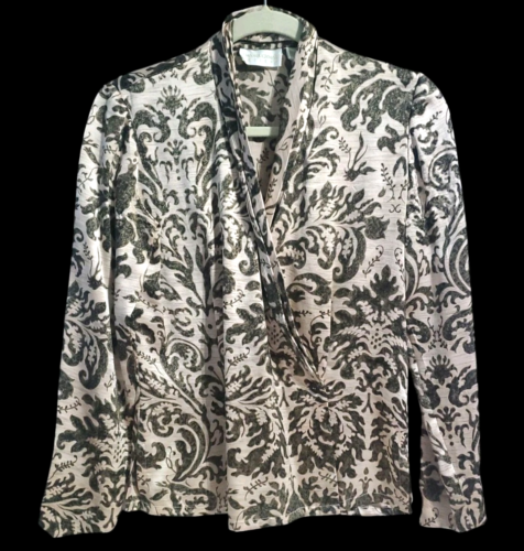 Dana Buchman Silk Top Size 4 Petites Wrap Long Sleeve Rose Gold Brown Floral