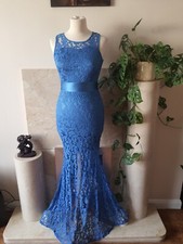 Blue Lace Mermaid Fishtail dress S 8 10 UK long sleeveless prom cocktail 