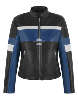 Women's Racing Leather Jacket Black Blue Classic Fashion Biker - Main Image