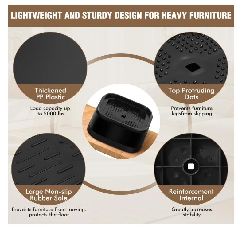 Упаковка из 8 регулируемых мебельных стояков для кровати высокопрочные подъемники высота 1 или 2 дюйма - черные - Изображение 4 из 4