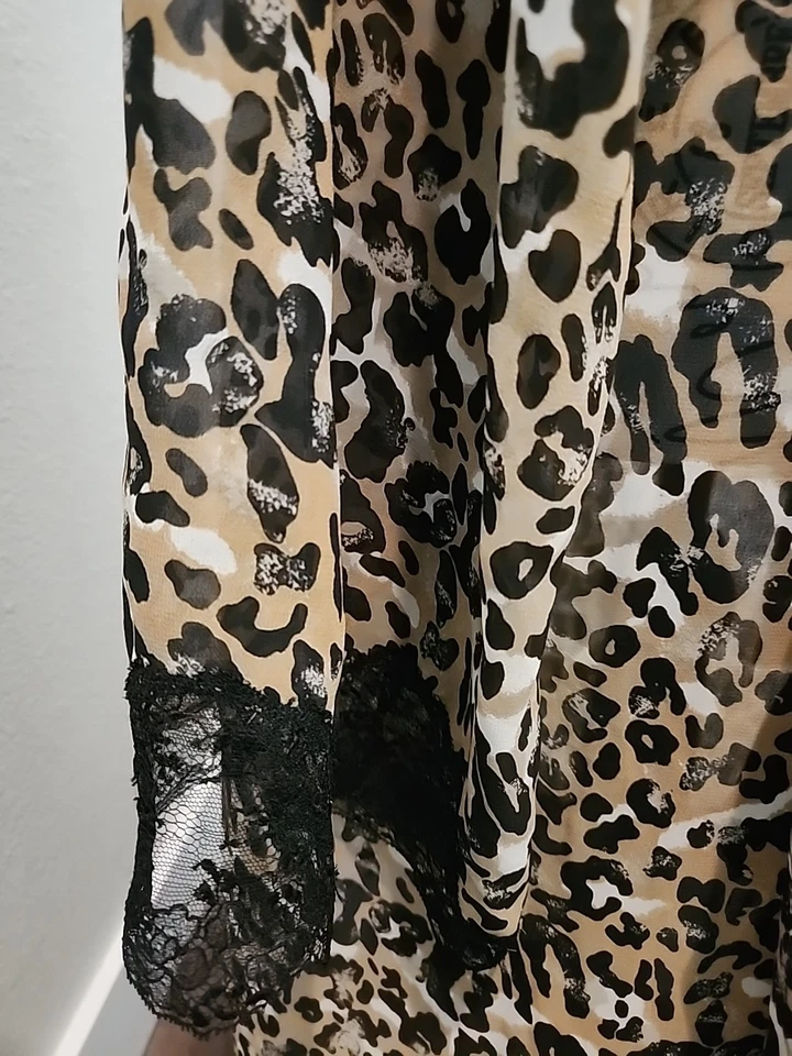 80s Lejaby Paris Saks Fifth Ave Leopard Slip Chemise Chiffon Robe Large - Image 3 of 4