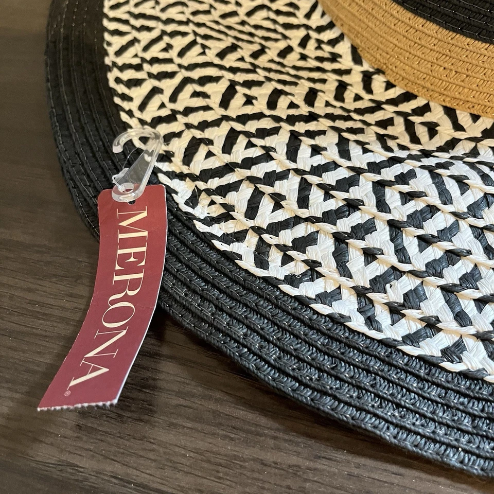 NWT One Size Wide Brim Sun Hat Black White Tan Straw Floppy Boho Summer Cruise - Image 2 of 4