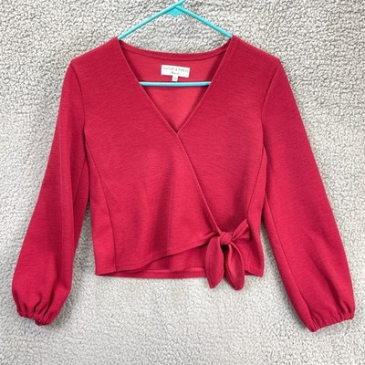 Madewell Texture & Thread Wrap Top Womens XXS Red Long Sleeve V-Neck Tie Blouse