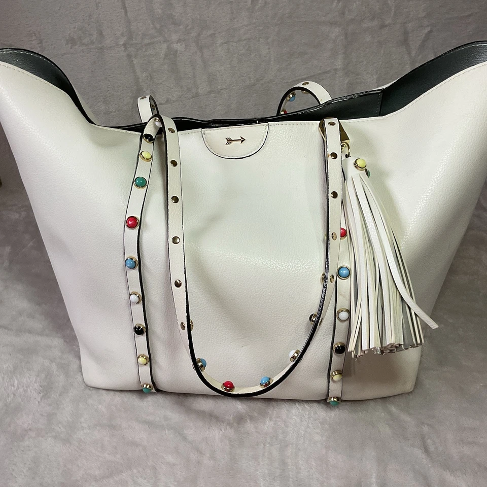 Gianni Bini Tote Bag Handbag Pebbled Faux Leather Tassel Stone Accents Summer - Image 4 of 4