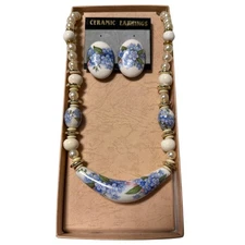 Hand Painted Hydrangea Ceramic Necklace Earrings Set 22 Inch 1.5 Inch Floral