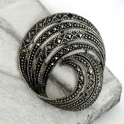 Vintage Marcasite Art Deco Round Swirl Brooch Pin 925 Sterling Silver