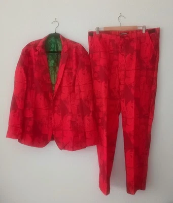 Suitmeister Red Comic Print Slim Fit Suit Set Blazer Pants Men’s XL Parties - Image 1 of 4