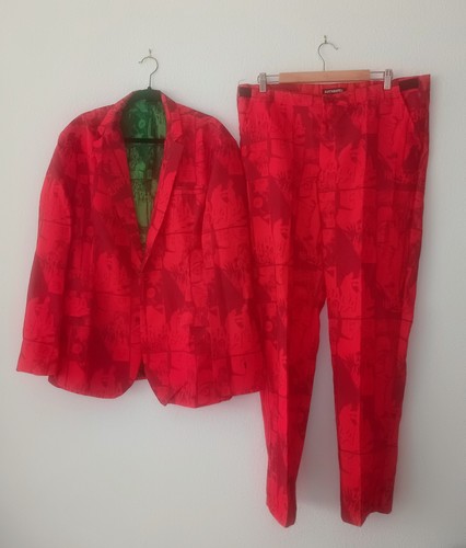 Suitmeister Red Comic Print Slim Fit Suit Set Blazer Pants Men’s XL Parties