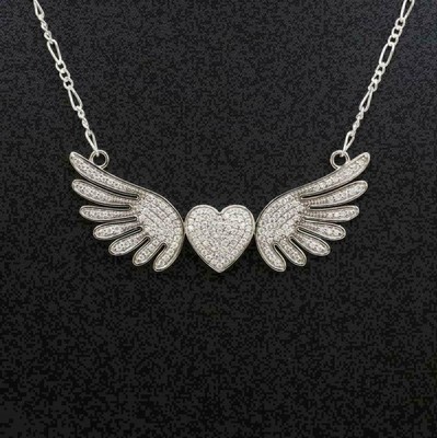 1.29Ct Lab Created Diamond Round Heart Wing Pendant 14K White Gold Silver Plated