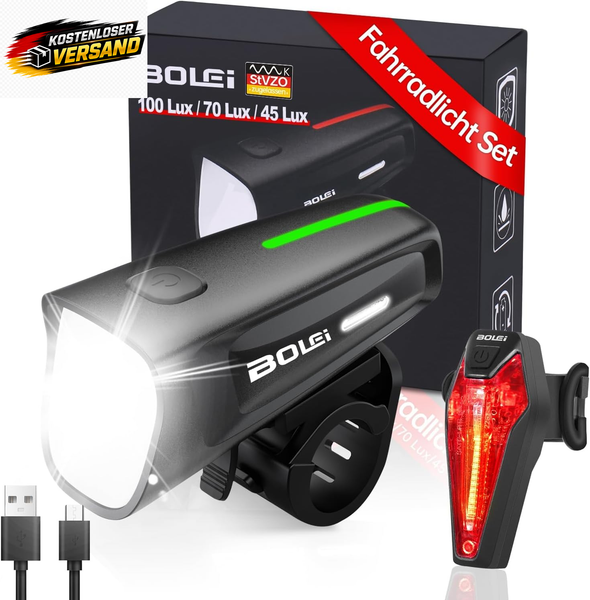 Bolei Led Fahrradlicht Set 100 Lux| Stvzo Zugelassen Fahrradlampe |Fahrradbeleuc-image