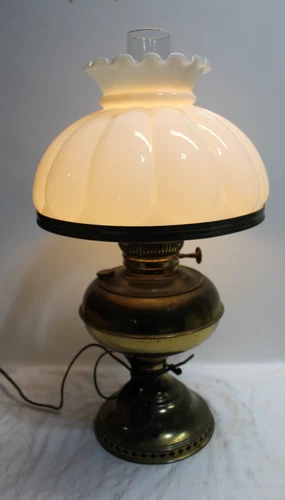 Antique Vintage Brass Oil Lamp Converted to Electric w/Milk Glass Ruffled Shade