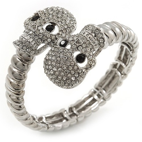 Clear Diamante 'Double Skull' Flex Bracelet In Rhodium Plating - Adjustable - Picture 2 of 4