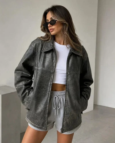Genuine Sheep Leather Jacket Women, Oversized Distressed Grey Leather image 3