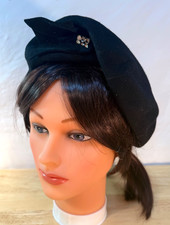 Vintage Woman's Hat black felt beret with rhinestone clip sassy French vibe