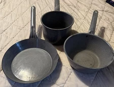 Vintage 3 Piece Gray Speckled Enamelware  Graniteware Sauce Pans Fry Pan