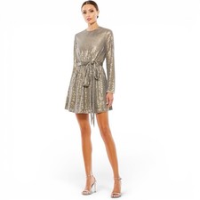 Mac Duggal 10789 Taupe Sequin Long Sleeve Mini Dress Size 14 A-Line Belted