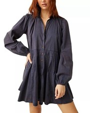 Free People Marvelous Mia Mini Dress Navy Buttondown Babydoll Long Sleeve Small
