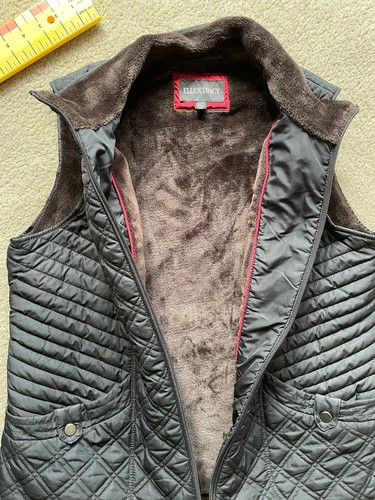 Ellen Tracy Black Quilted Vest Faux Fur Lined Women’s L Full Zip Contemporary - Picture 7 of 17