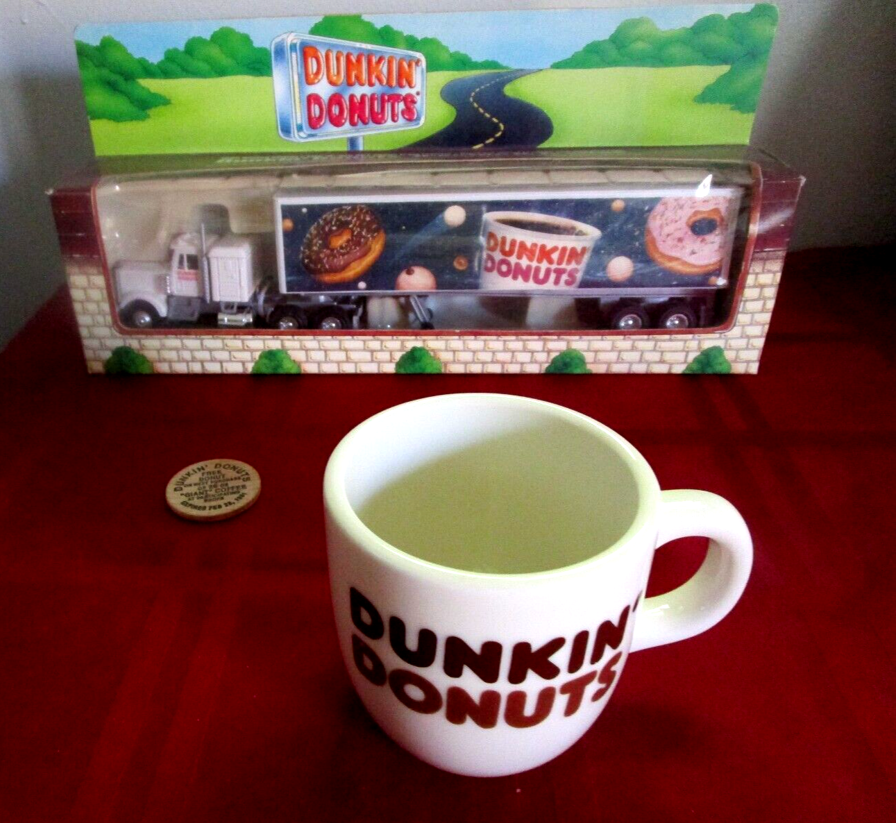 1995 Dunkin Donuts Tractor Trailer Set with Coffee Cup & Wooden Nickel