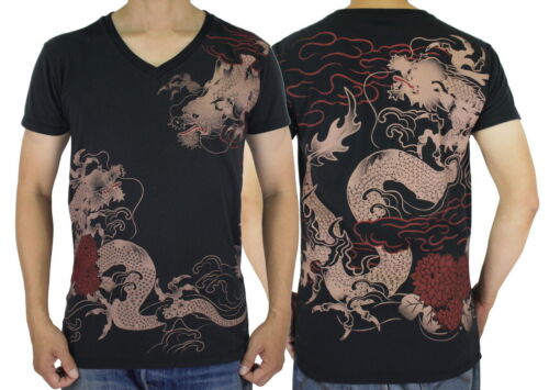T-shirt WORK Dragon Uomo Collo a V Tatuaggio Giapponese Arte Yakuza Moda WK183 - Foto 1 di 10