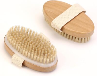 2Pcs Dry Brush, Natural Bristle Exfoliating Body Scrubber, Wooden 