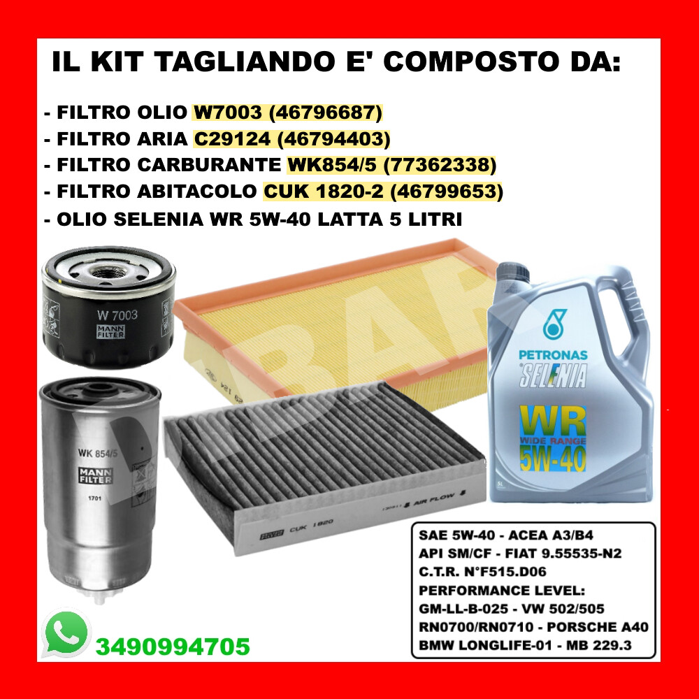 KIT TAGLIANDO ALFA ROMEO 147 1.9 JTD JTDM 5L SELENIA 5W40 4 - Foto 7
