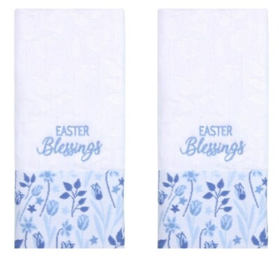 Easter Blessings - Celebrate Spring Embroidered White Blue Bath Hand Towels 2-pk