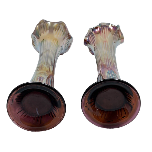 Pair Fenton Carnival Glass Amber Iridescent Diamond Rib Swung Vase 12-1/4 2Pc - Picture 8 of 9