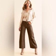 Free People Misha Faux Leather Wide Barrel Pant NWT Rusty Dark Brown Sz 24