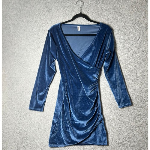 Velvet Dress Womens S Blue Ruched V Neck Bodycon Formal Party Xmas NEW