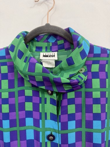 Vestido De Colección Años 80 Leslie Fay Secretaria Talla 12 Manga Larga Plisado Midi Azul Verde - Imagen 6 de 12