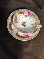 Hand Painted Nippon - Antique (1891-1911 Maple Leaf mark)  Gold Gilt Cup, Saucer