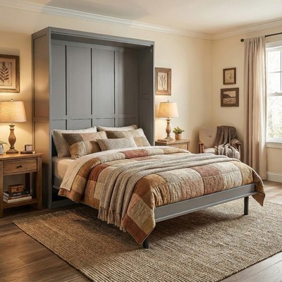 Rotating Queen Murphy Bed with Hidden Storage Racks, Space-Saving Multifunctiona