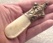 Antique Art Nouveau Baby Rattle, Whistle Sterling Silver, MOP Teething Handle