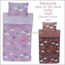 Image of Unicorn Teddy SINGLE Reversible Glow In The Dark Children's Duvet Cover Set NEW