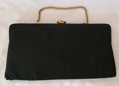 Vintage ''After Five'' Black Evening Clutch w/ Gold-Tone Clasp, Chain & Coin Purse