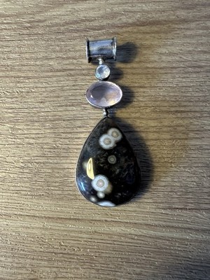 Großer 7,5 cm langer 925 Sterling Silber Rose Mondstein und Ozean Jaspis Anhänger