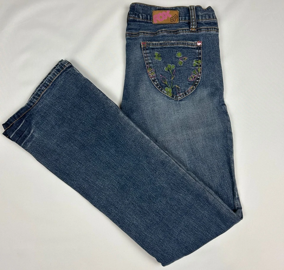 Jeans jeans feminino raro Y2K FOX Racing cintura baixa boot cut -Ótimos detalhes! Tamanho: 7 - Imagem 4 de 4