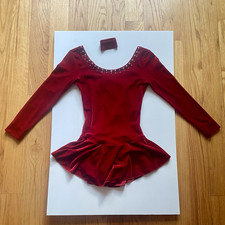 Girls Red Velvet Ice Skating Dress Rhinestone Scoop Neck Long Sleeve 8