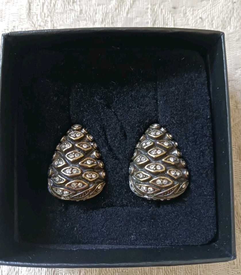 Vintage Heidi Daus Enamel & Crystal Pine Cone Clip-On Earrings New in Box Elegan - Image 2 of 4