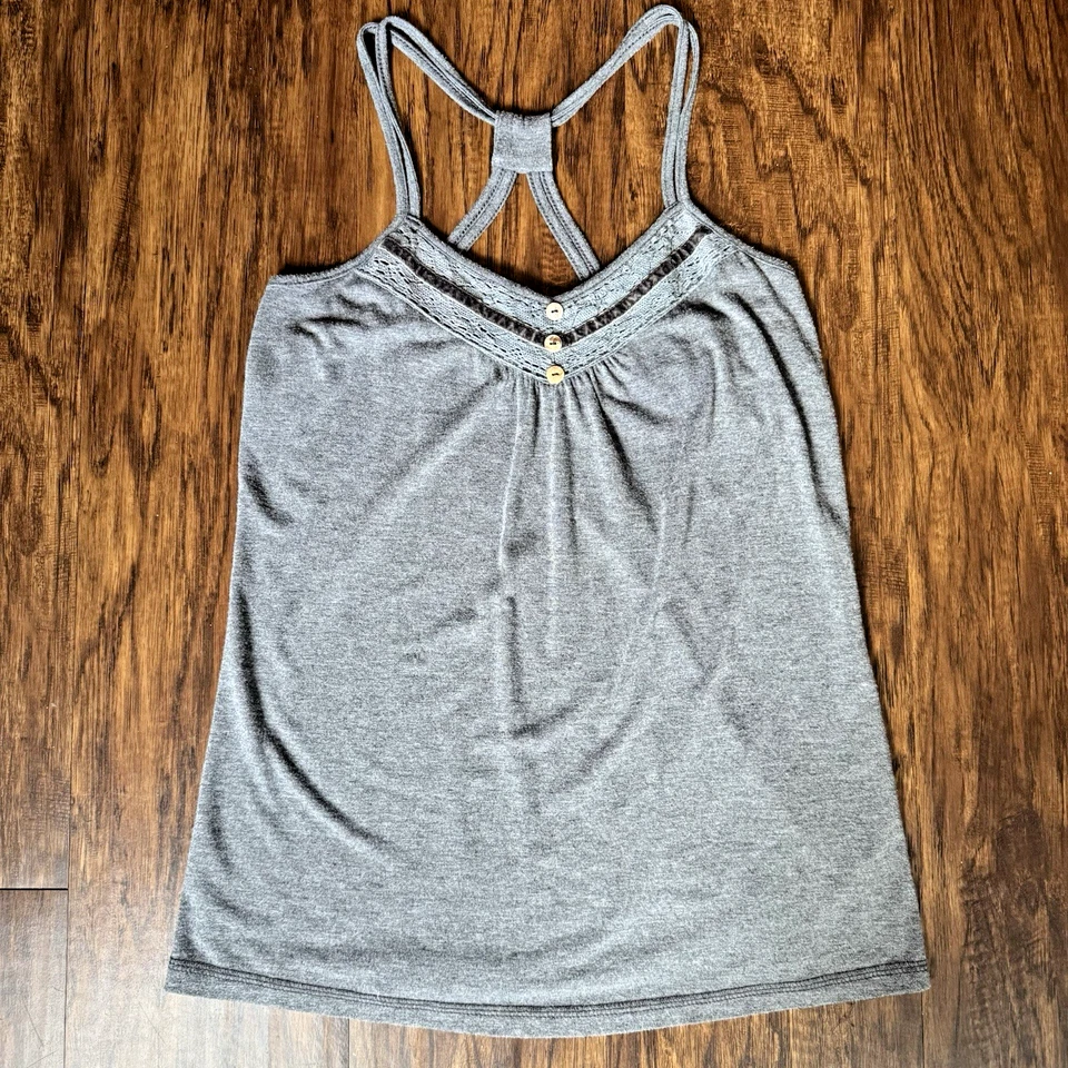 Papaya Gris Espalda Corredora Cami Botones Terciopelo Encaje Ribete Para Mujer Pequeño Años 90 Y2K Boho Foto 3 de 4