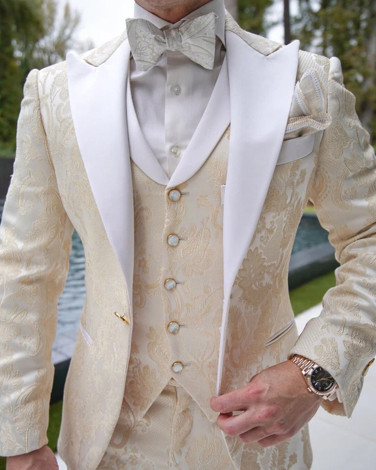 Champagne Plaid Paisley Men Suits Slim Fit Print Jacquard Single Breasted Tuxedo - Image 3 of 4