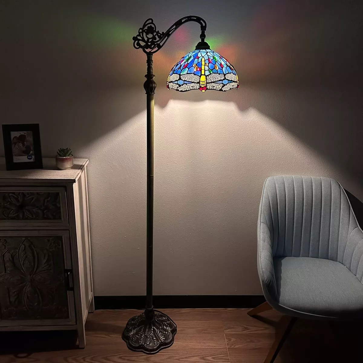 Tiffany Style Floor Lamp Dragonfly Blue Stained Glass Gooseneck Adjustable H63
