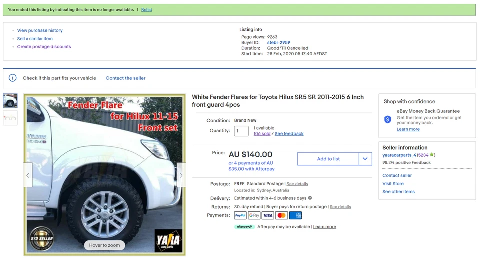 White Fender Flares Suits for Hilux SR5 SR 2011-2015 6 Inch front guard 4pcs — 第 3/4 张图片