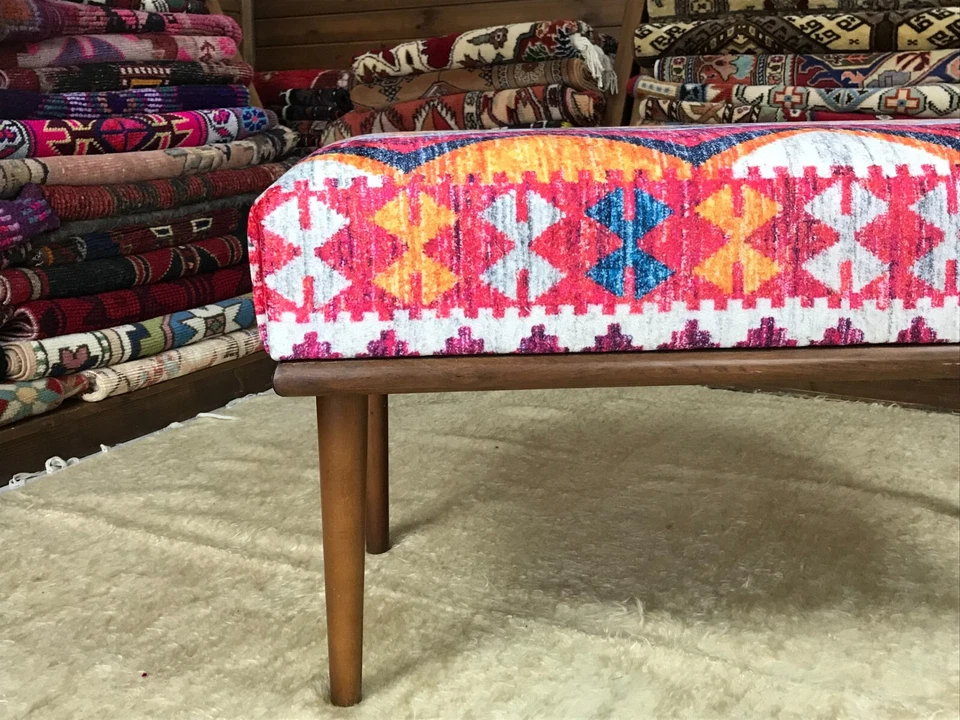Handmade Kilim Upholstered Ottoman Footstool Piano Entryway Bedroom Bench - Image 3 of 4