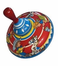 VINTAGE Bright Colored Tin Large Top Toy with Cowboy  Cowgirl WORKS