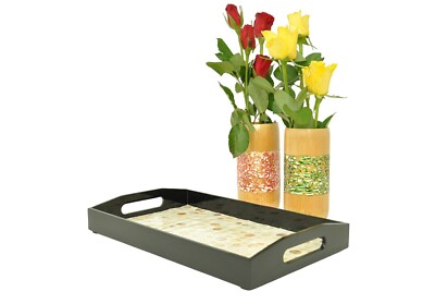 Rechteckiges Tablett aus Holz mit Lackintarsien, Servieren Deko, creme, klein H061S
