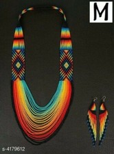 Huichol Indian Beaded Flower Necklace & Earrings Handmade Mexican Folk Art Boho